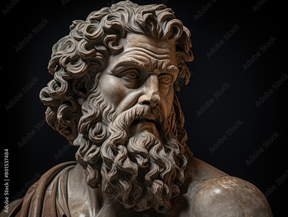 Detailed sculpture of a bearded man with curly hair