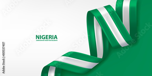 Nigeria 3D ribbon flag. Bent waving 3D flag in colors of the Nigeria national flag. National flag background design.