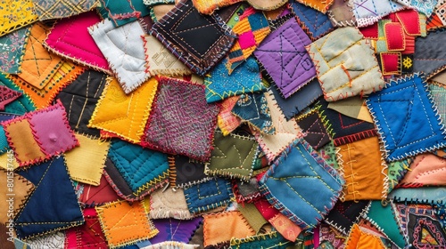   A disarray of multicolored fabric scraps covering the wooden table © Mikus