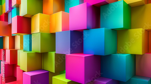 A colorful wall made of blocks in various colors. The blocks are arranged in a way that creates a vibrant and lively atmosphere. Superimposed of colorful boxes. wall stack of square multicolor box