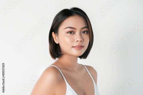 an attractive asian woman with short hair wearing white tank top, standing and looking at the camera against a clean white background