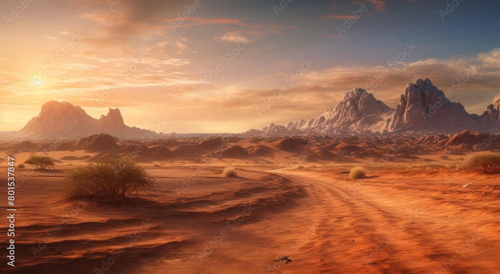 Dramatic desert landscape at sunset Dramatic desert landscape at sunset