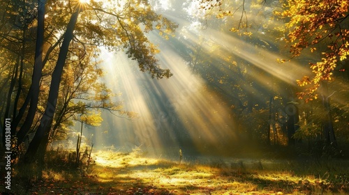 sun rays piercing through autumn morning forest atmospheric landscape photography