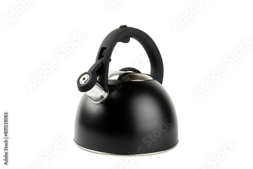 Stainless steel stovetop kettle with whistle isolated on white background. Black retro teapot.