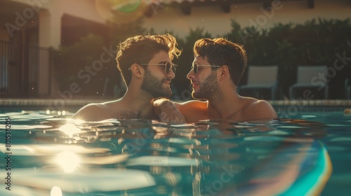 Gay couple in the swimming relaxing in the pool, enjoying love, hot summer day, LGBTQ+