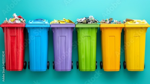 The waste separation process. Sorting garbage by type in colored garbage cans. Disposing of garbage and recycling waste modern illustration. Garbage and trash, ecology rubbish recycling illustration.