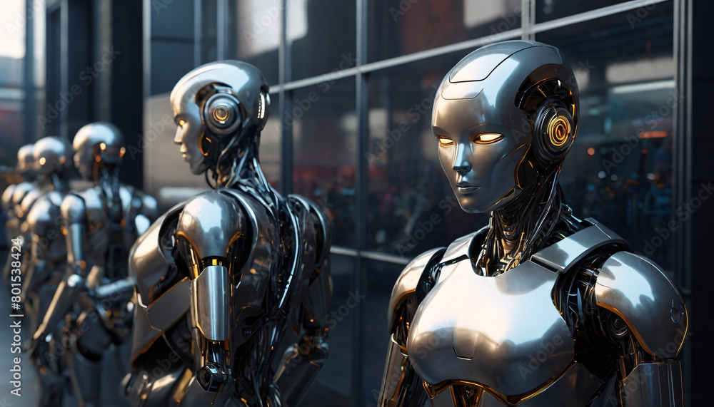 female futuristic metal guard robot Closeup. female futuristic metal guard robot Closeup.