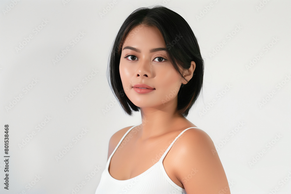 an attractive asian woman with short hair wearing white tank top, standing and looking at the camera against a clean white background an attractive asian woman with short hair wearing white tank top, standing and looking at the camera against a clean white background