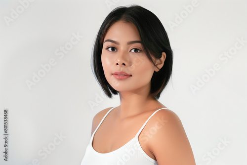 an attractive asian woman with short hair wearing white tank top, standing and looking at the camera against a clean white background © Miftakhul Khoiri