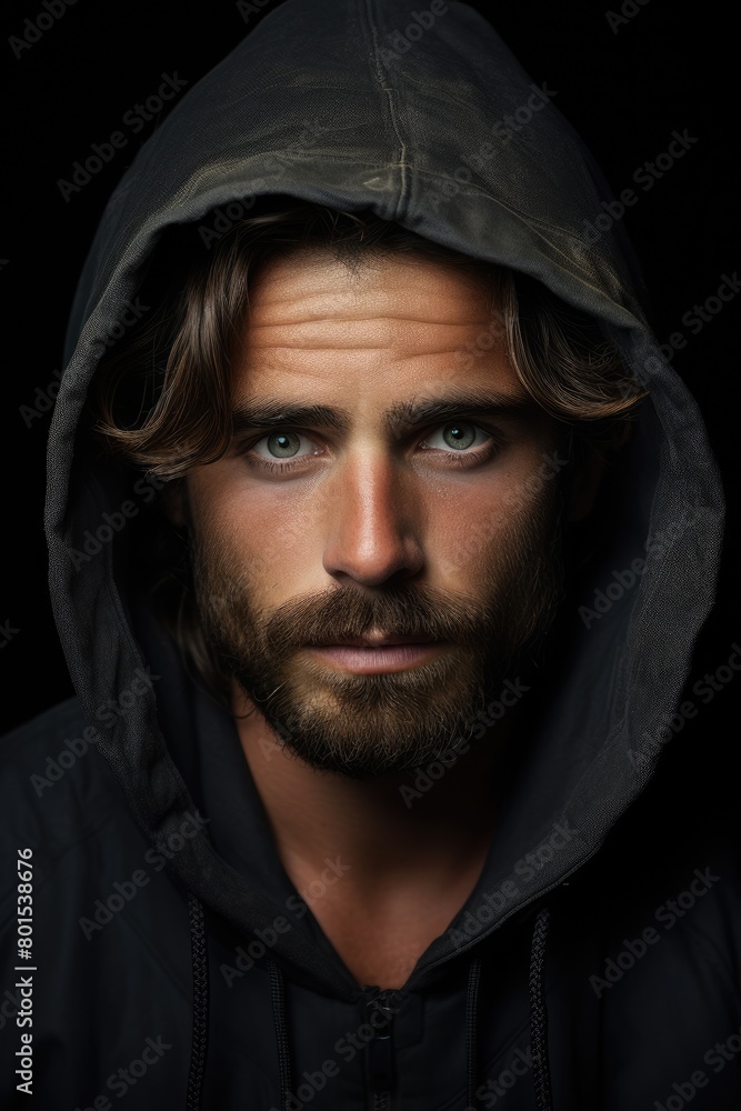 Mysterious hooded figure with piercing gaze Mysterious hooded figure with piercing gaze
