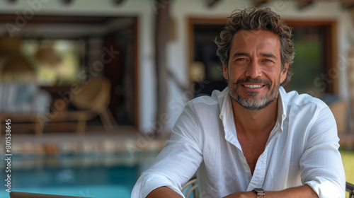 A man with a white shirt is smiling. He is sitting by a pool. Scene is happy and relaxed. Slim man in his mid 40s of italian ancestry, clean shaven, smiling and happy wearing plain photo