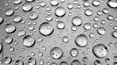   Black and white image of water droplets on a large  black and white surface ..