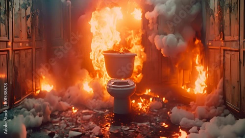 an office toilet cubicle in flames after being hit by a tank shell.generative ai photo