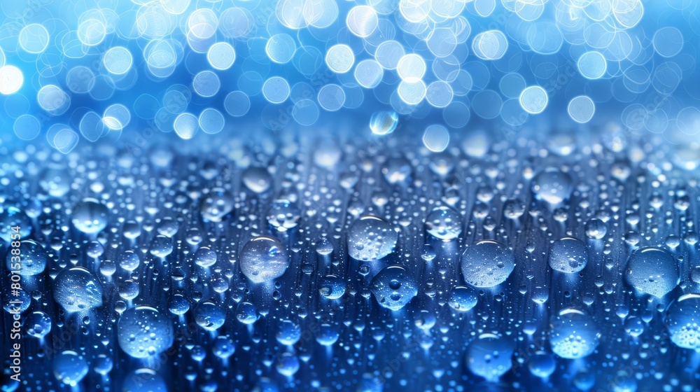   A close-up of water droplets on a glass surface with a halo of light in the background, and a foreground of blue backlit light
