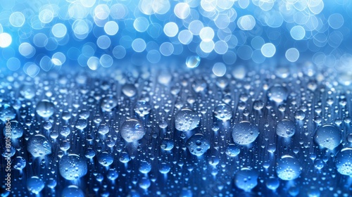  A close-up of water droplets on a glass surface with a halo of light in the background, and a foreground of blue backlit light