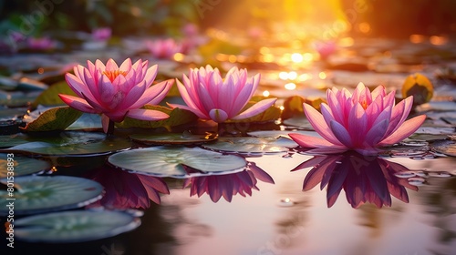 Vibrant water lilies blooming in a serene pond