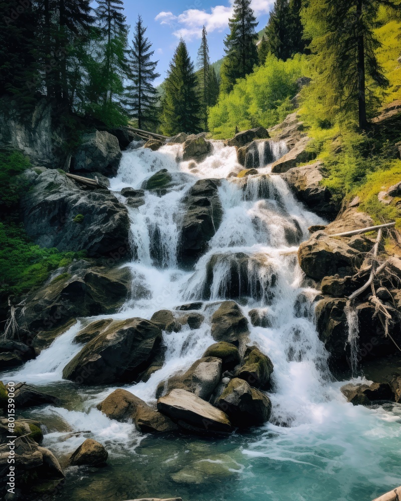 Cascading waterfall in lush forest landscape Cascading waterfall in lush forest landscape