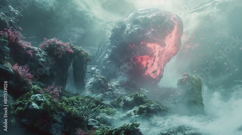 a large rock formation surrounded by plants and rocks in a foggy area with a red light coming from the top.. photo