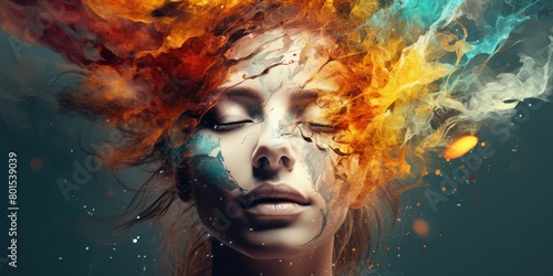 Vibrant artistic portrait of a woman with fiery hair and closed eyes