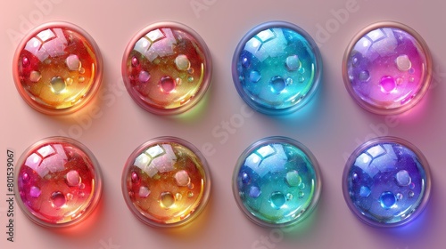 This flat modern set of colorful soft round buttons and vivid color spheres feature rounded holographic gradients. Colorful green purple yellow orange pink cyan fluid circles gradients.