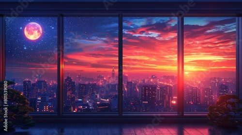 Window daylight view. Day and night stars at city house windows apartment colorful purple orange blue pink cartoon concept illustration. Sunrise sun dawn morning noon sunset day and night stars at