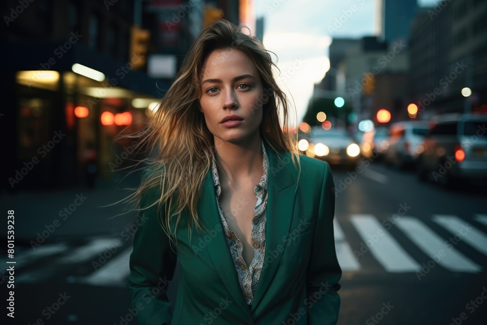 Confident woman in green coat on city street