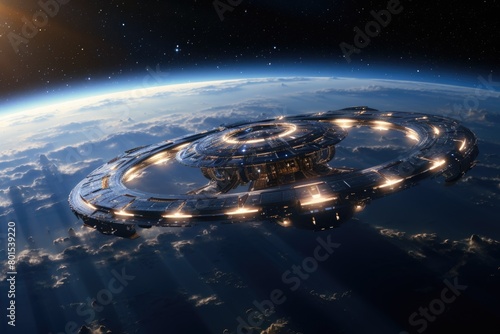 Futuristic spacecraft hovering above Earth
