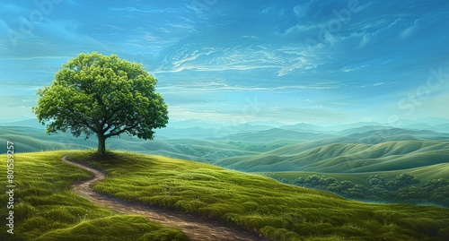 a tree in a field with a sky background