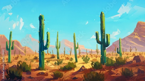 a painting of a desert with cactus trees and mountains in the background photo