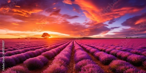 Vibrant sunset over lavender field landscape