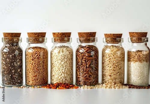 a row of glass jars filled with different types of grains and seeds