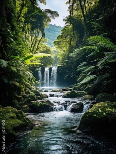 Lush tropical waterfall in dense jungle landscape