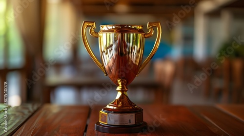 a gold trophy sitting on top of a wooden table next to a window in a room