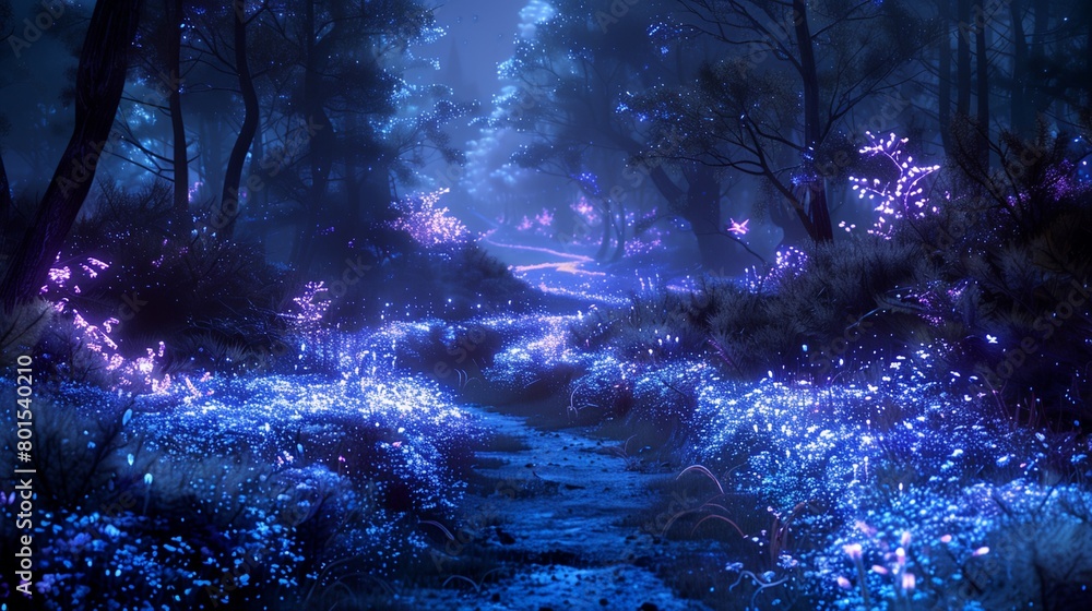 a forest filled with lots of trees and lights at night time