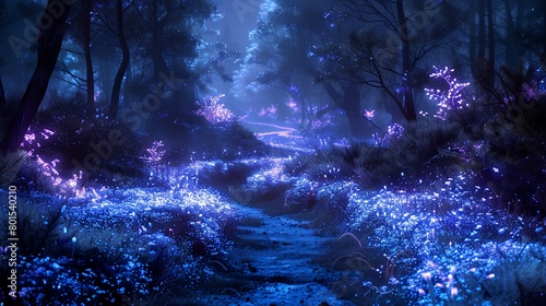 a forest filled with lots of trees and lights at night time