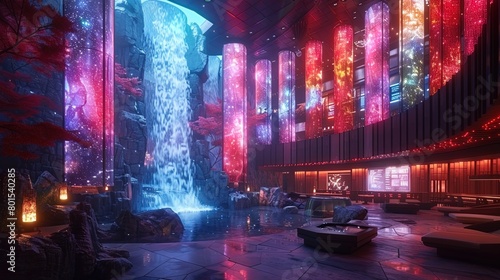A dynamic backdrop of a casino's interior, featuring cascading waterfalls, rotating light fix