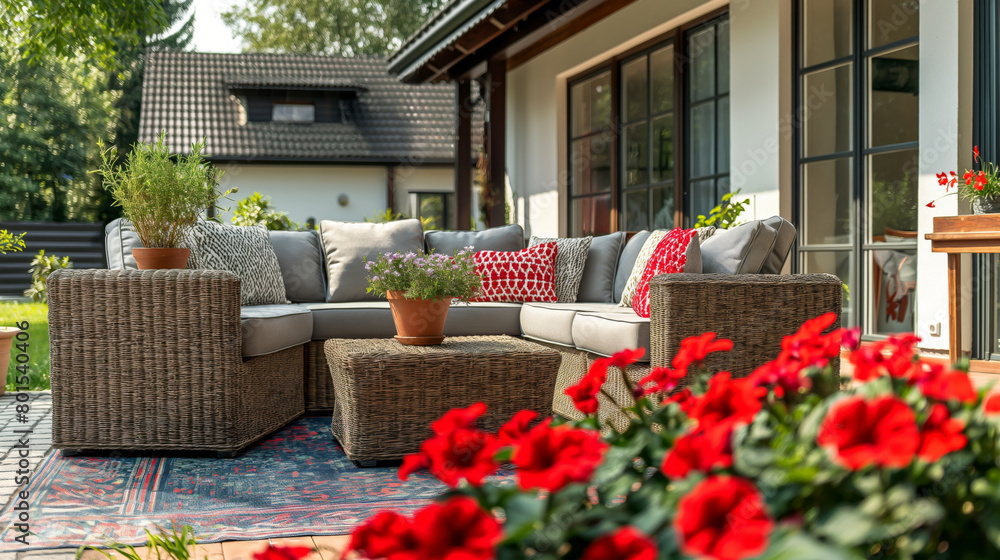 American Memorial Day patio with red flowers, flag and patio furniture with cushions