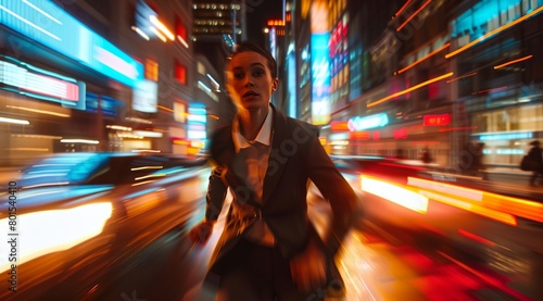 a woman in a suit is walking down the street at night time with a blurry background of buildings and cars..