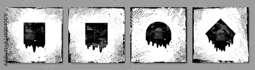 Vector illustration. Black color grunge distressed banner set. Geometric shapes with dripping effect. Halftone dots and paint splashes. Design for social networks, web banners, and media templates