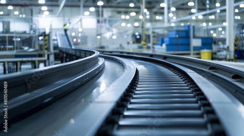 a conveyor belt in a factory with lights on the ceiling