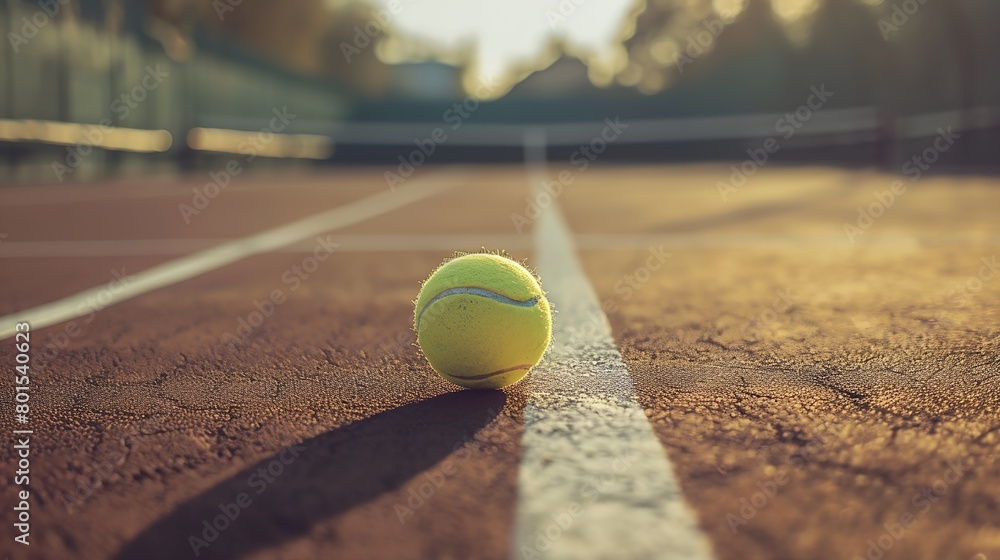 a tennis ball sitting on the side of a tennis court with a line in the middle of it and trees in the background..