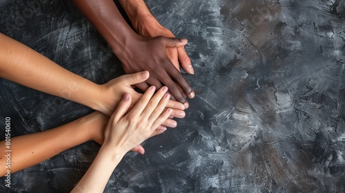 An image showcasing a concept of unity and diversity, featuring multiple hands of different skin tones joined together in the center, with ample copy space for text or design elements.