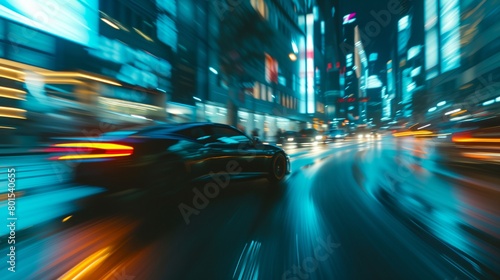a car driving down a city street at night time © progressman