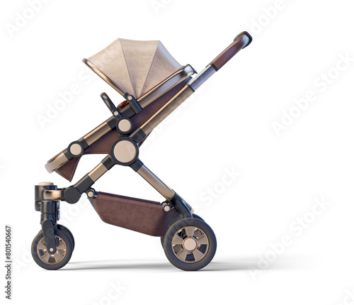 Brown leather jogging baby stroller on transparent background. 3D render right view