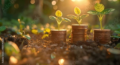 Nurturing Wealth: Depicted by Coin Stacks and Seedlings. Concept Growth Mindset, Financial Independence, Wealth Management, Investment Strategies photo