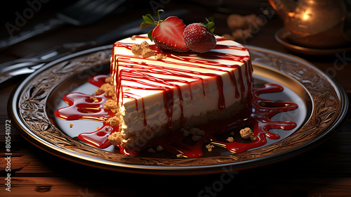 A decadent and rich plate of creamy cheesecake with strawberry sauce and whipped cream.