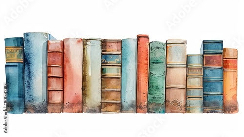 vintage books stacked in a row watercolor illustration isolated on white