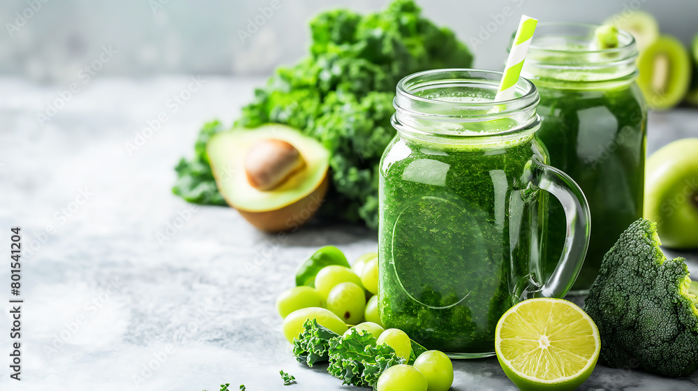 Fototapeta premium Health smoothie kale leaves, lime, apple, kiwi, grapes, banana, avocado, lettuce in glass jar mugs. Vegan, Vegetarian, Green health smoothie. Healthy food 