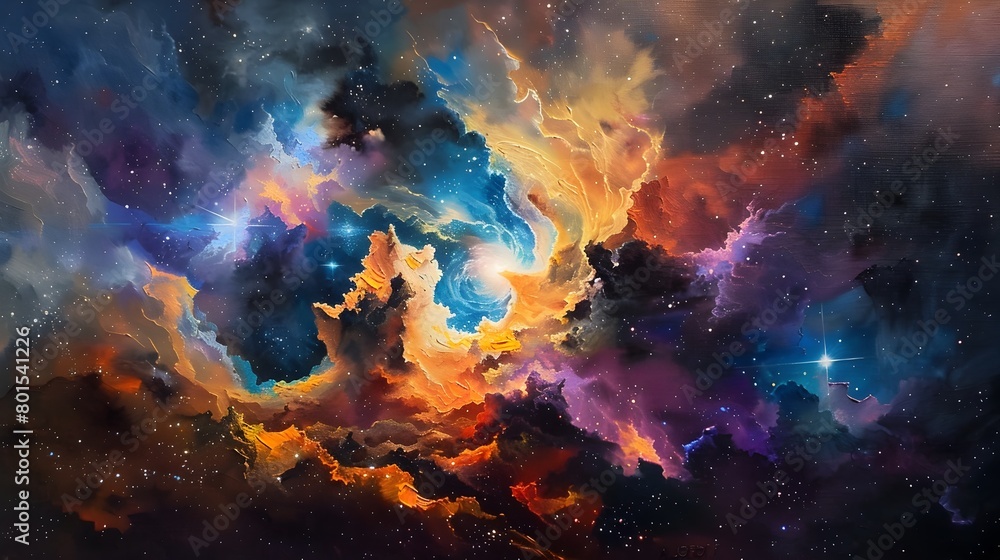 Captivating Cosmic Landscape - Vibrant Oil Painting of Dramatic Celestial Wonders