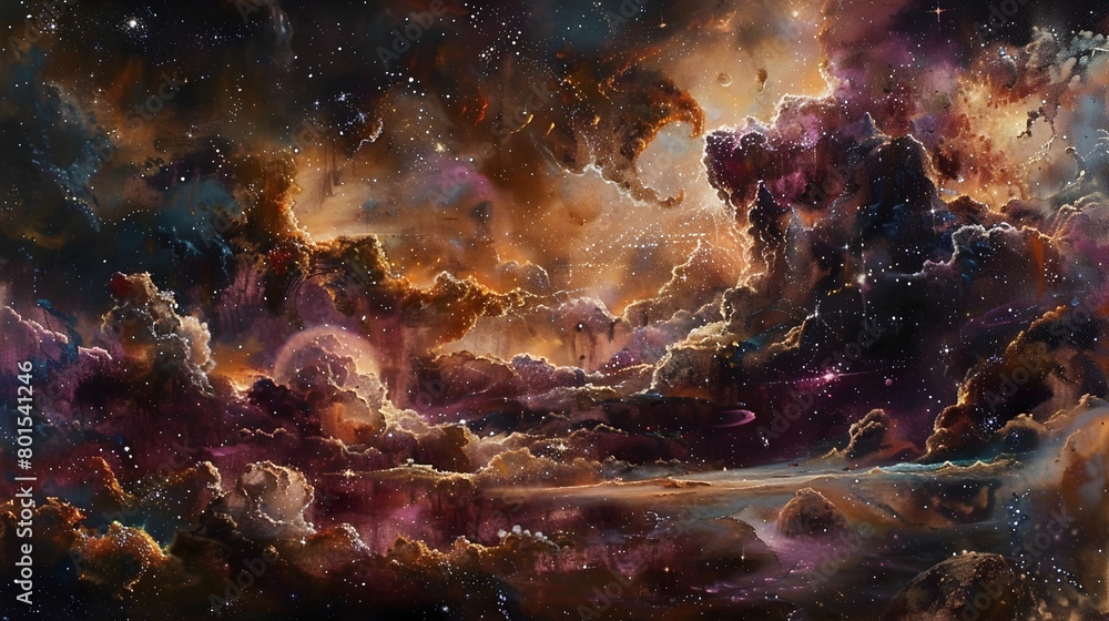 Breathtaking Cosmic Landscape - Expansive Celestial Panorama of Glowing Clouds and Swirling Galaxies